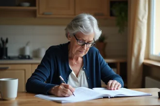 Femme de 55 ans consultant un calendrier papier pour planifier les paiements de sa pension d'invalidité à la table de sa cuisine