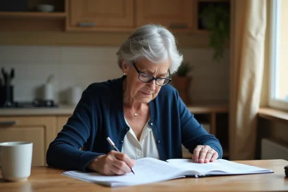 Femme de 55 ans consultant un calendrier papier pour planifier les paiements de sa pension d'invalidité à la table de sa cuisine