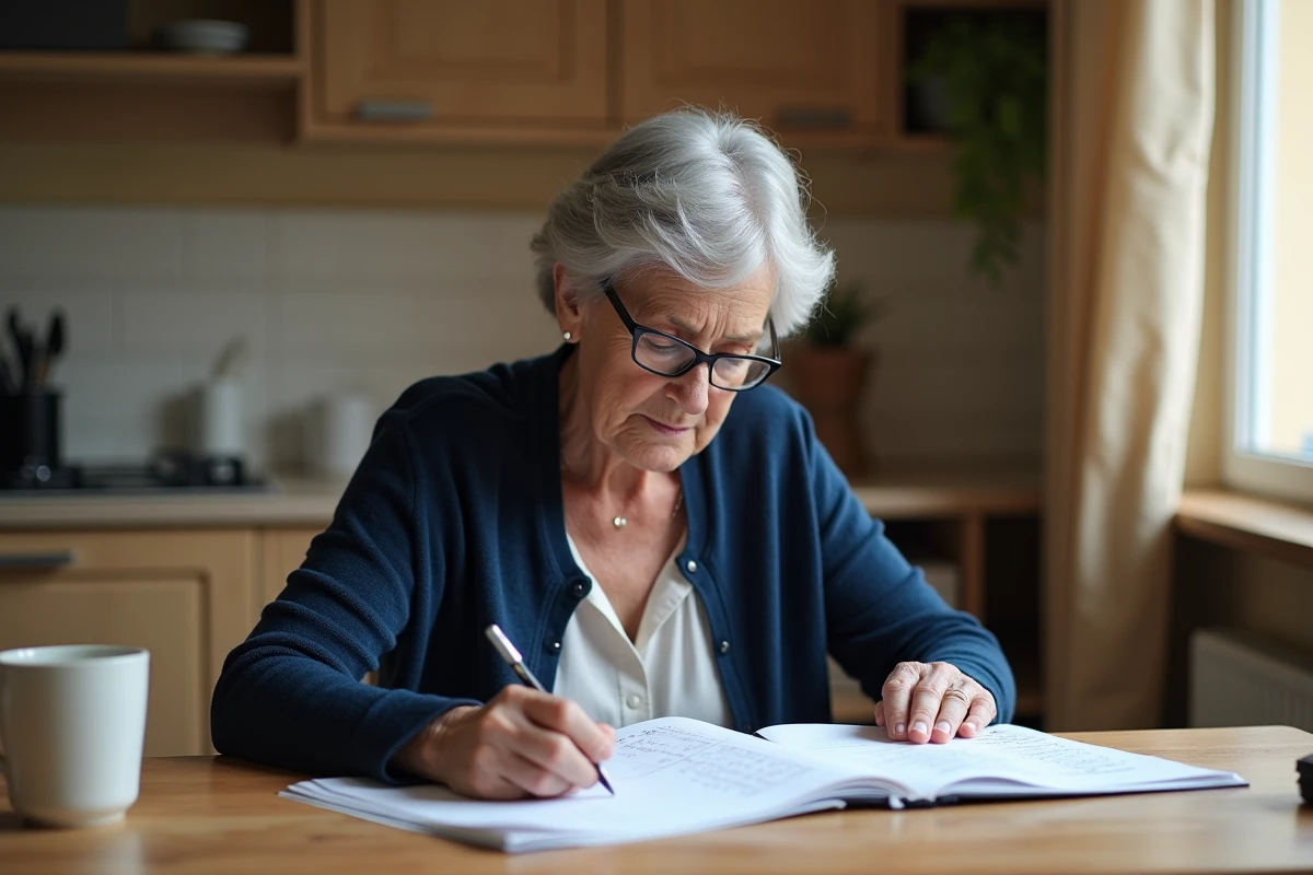 Femme de 55 ans consultant un calendrier papier pour planifier les paiements de sa pension d'invalidité à la table de sa cuisine