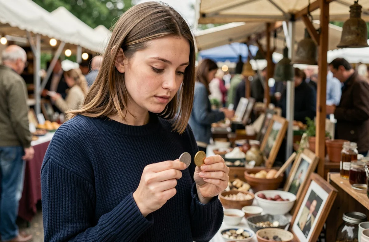 Jeune femme inspectant deux pièces de 2 euros rares sur un marché aux puces pour en évaluer la valeur