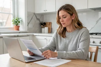 Femme comparant des offres d'épargne sur ordinateur portable à la maison, livret bancaire et application mobile Plum