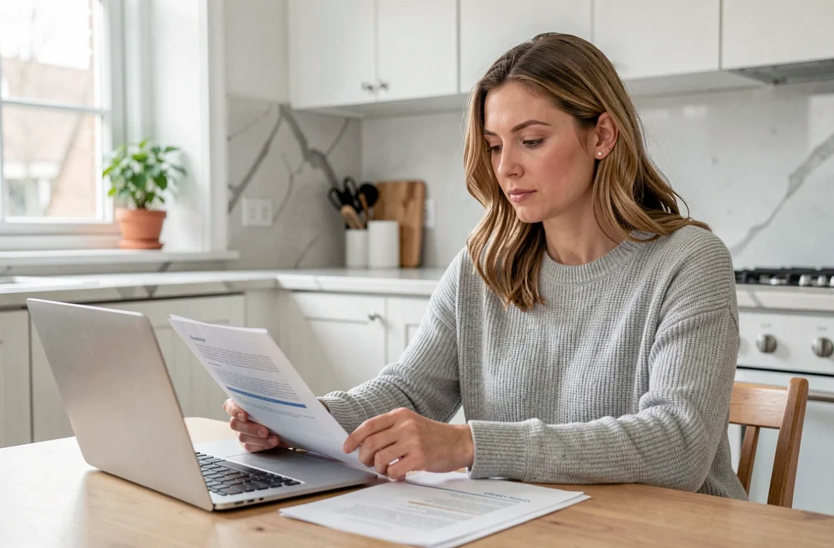 Femme comparant des offres d'épargne sur ordinateur portable à la maison, livret bancaire et application mobile Plum