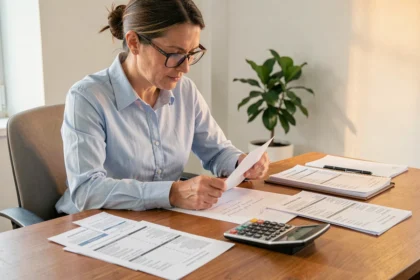 Femme comptable analysant des reçus de blanchissage pour optimiser sa déclaration de frais professionnels 2026