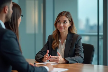 Femme en réunion au bureau moderne avec skyline