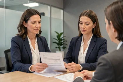 Femme en blazer marine consultant un conseiller bancaire pour un crédit facile à obtenir
