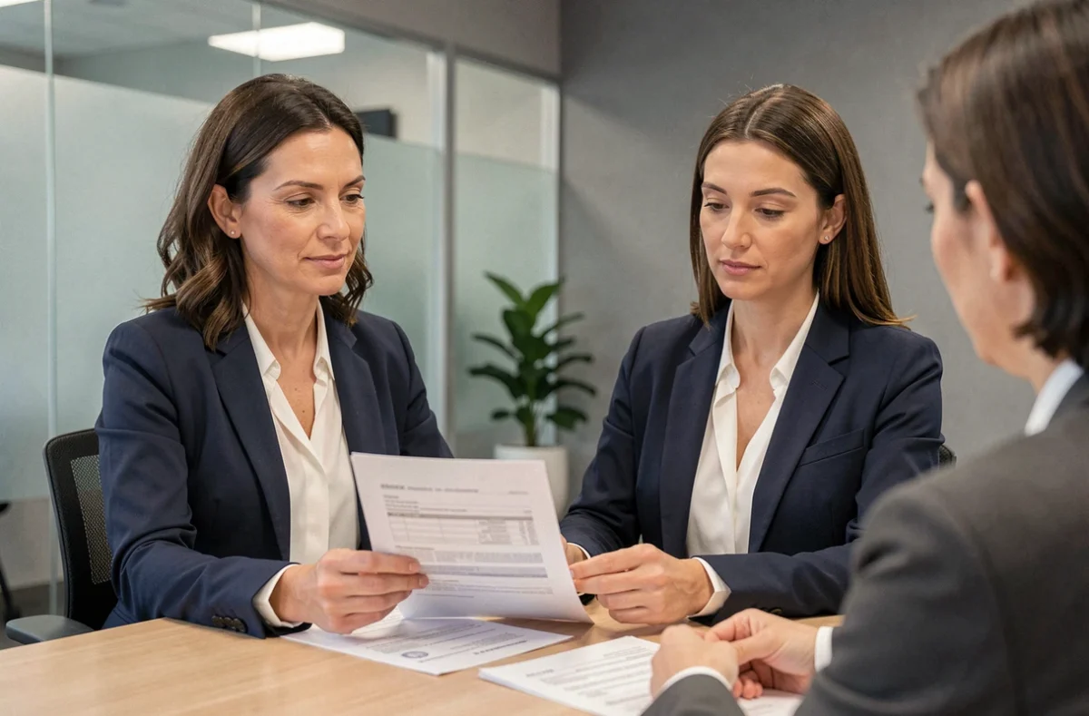 Femme en blazer marine consultant un conseiller bancaire pour un crédit facile à obtenir