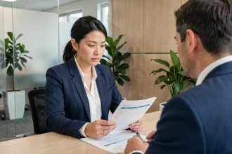 Femme consultant un conseiller financier dans une agence bancaire pour ses solutions d'épargne 2026