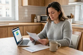 Femme consultant son livret d'épargne et des documents bancaires à une table en bois dans une cuisine moderne