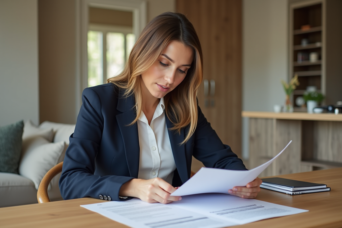 Femme en blazer bleu examinant un contrat de prêt immobilier