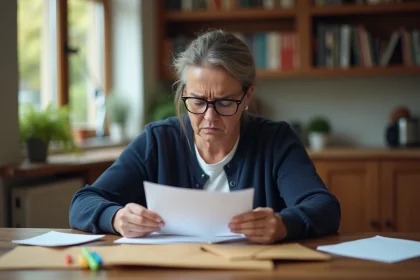 Femme consultant des lettres et courriers en retard de la Banque Postale à son domicile
