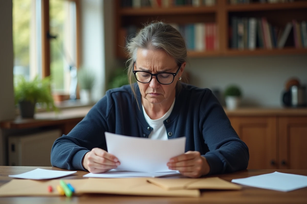 Femme consultant des lettres et courriers en retard de la Banque Postale à son domicile