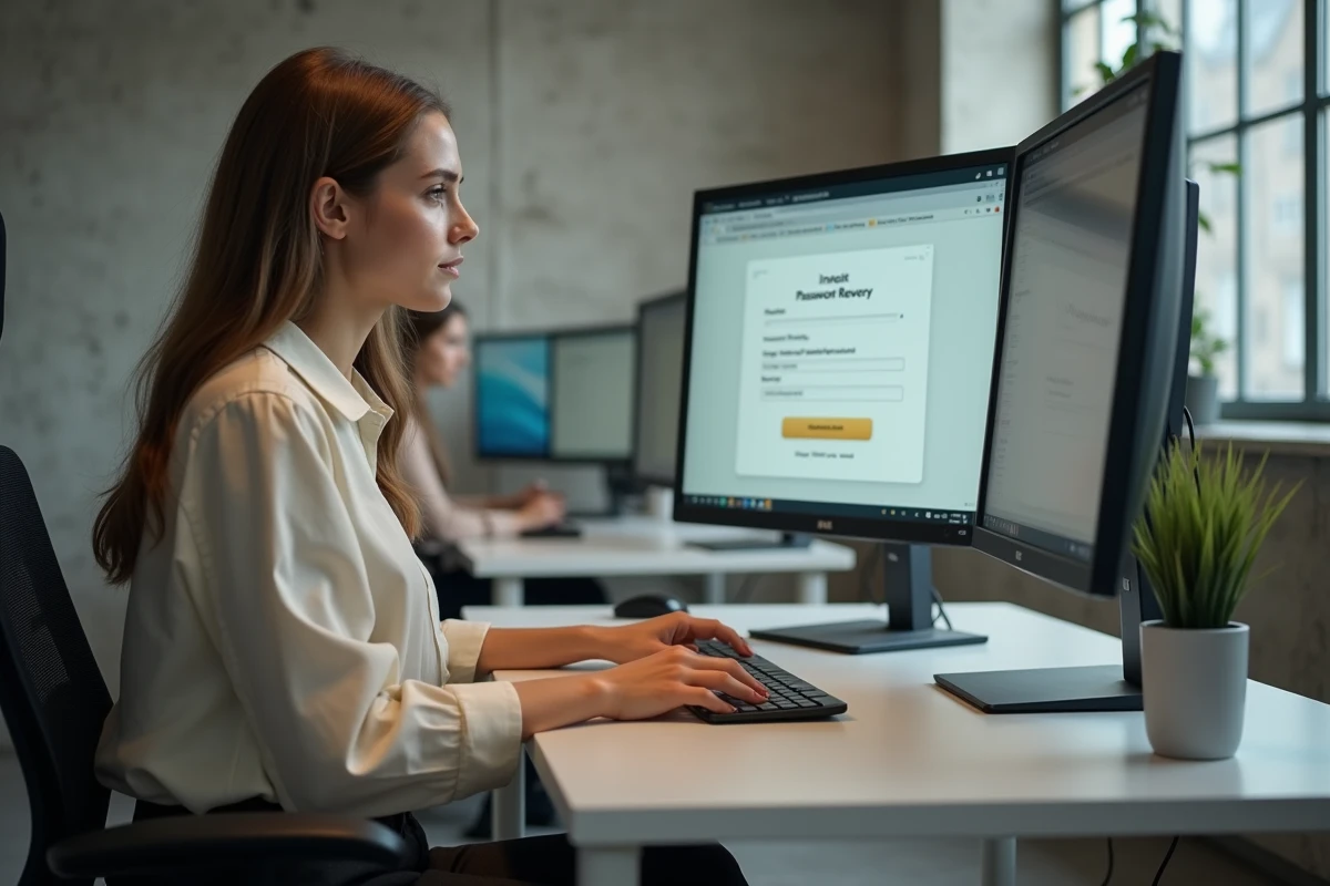 Jeune femme en espace de coworking remplissant un formulaire de récupération de mot de passe sur ordinateur de bureau