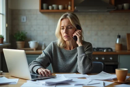 Femme en difficulté financière contactant Cofidis par téléphone depuis sa cuisine avec des factures étalées sur la table