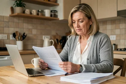 Femme consultant des documents d'assurance après un sinistre à son bureau à domicile