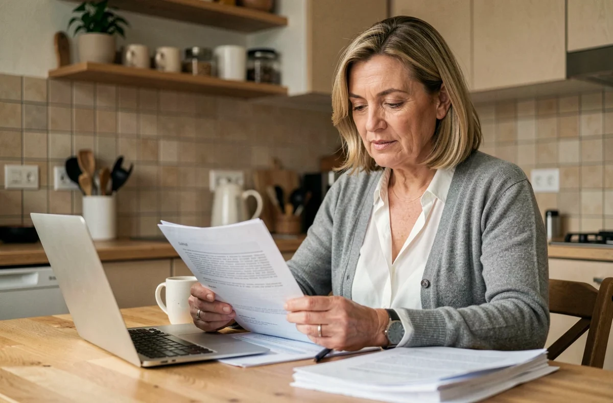 Femme consultant des documents d'assurance après un sinistre à son bureau à domicile