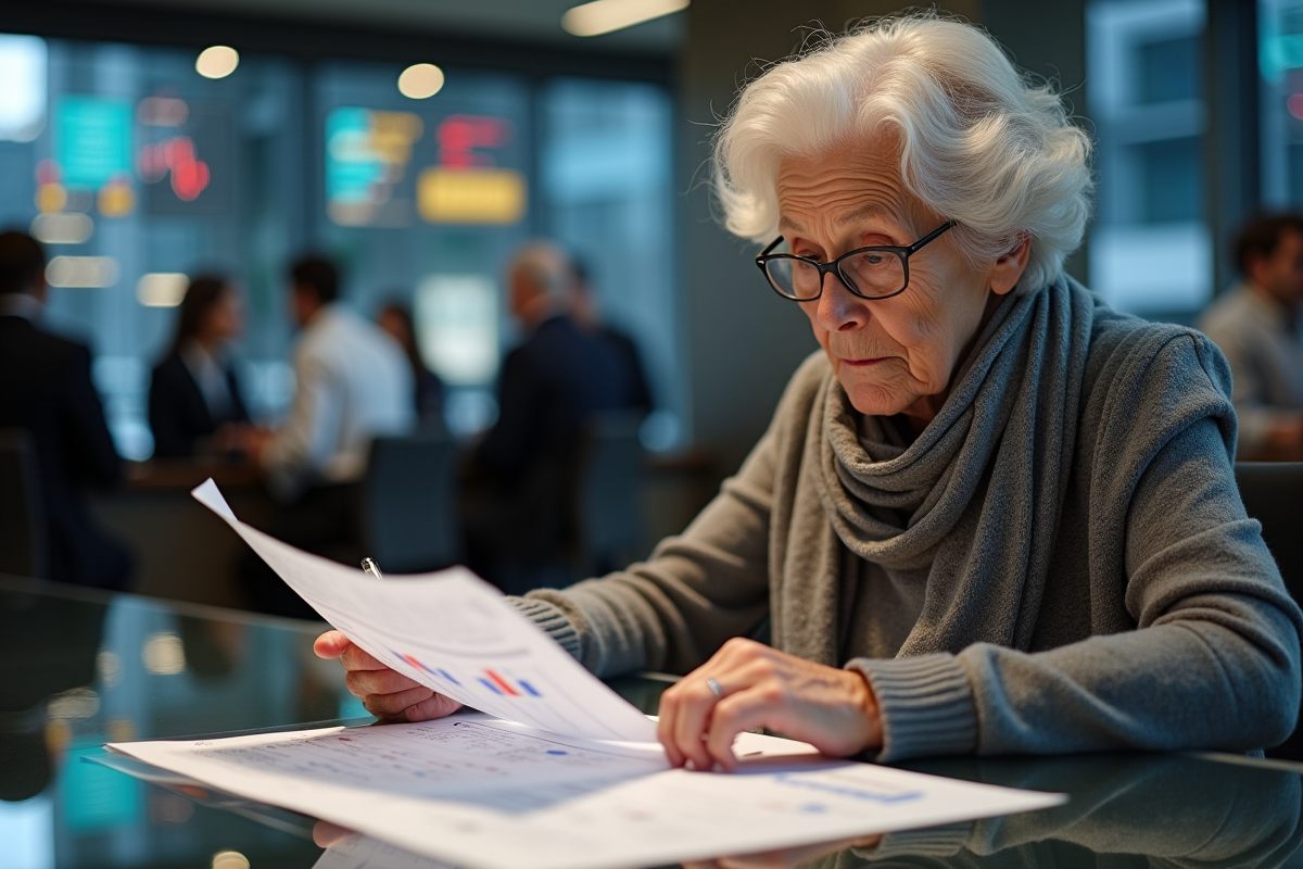 Femme âgée examinant des données cryptomonnaie au bank