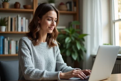 Femme accédant à son espace client assurance Merci Victor sur un ordinateur portable depuis son bureau à domicile