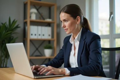 Femme professionnelle consultant son espace client Banque Populaire Cyberplus sur un ordinateur portable dans un bureau moderne