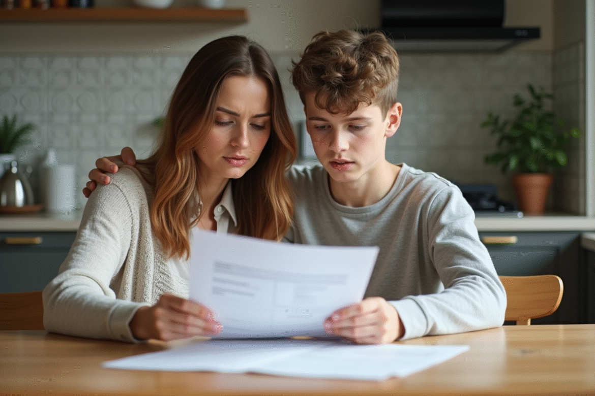 Femme et adolescent examinent des documents d'assurance à la maison