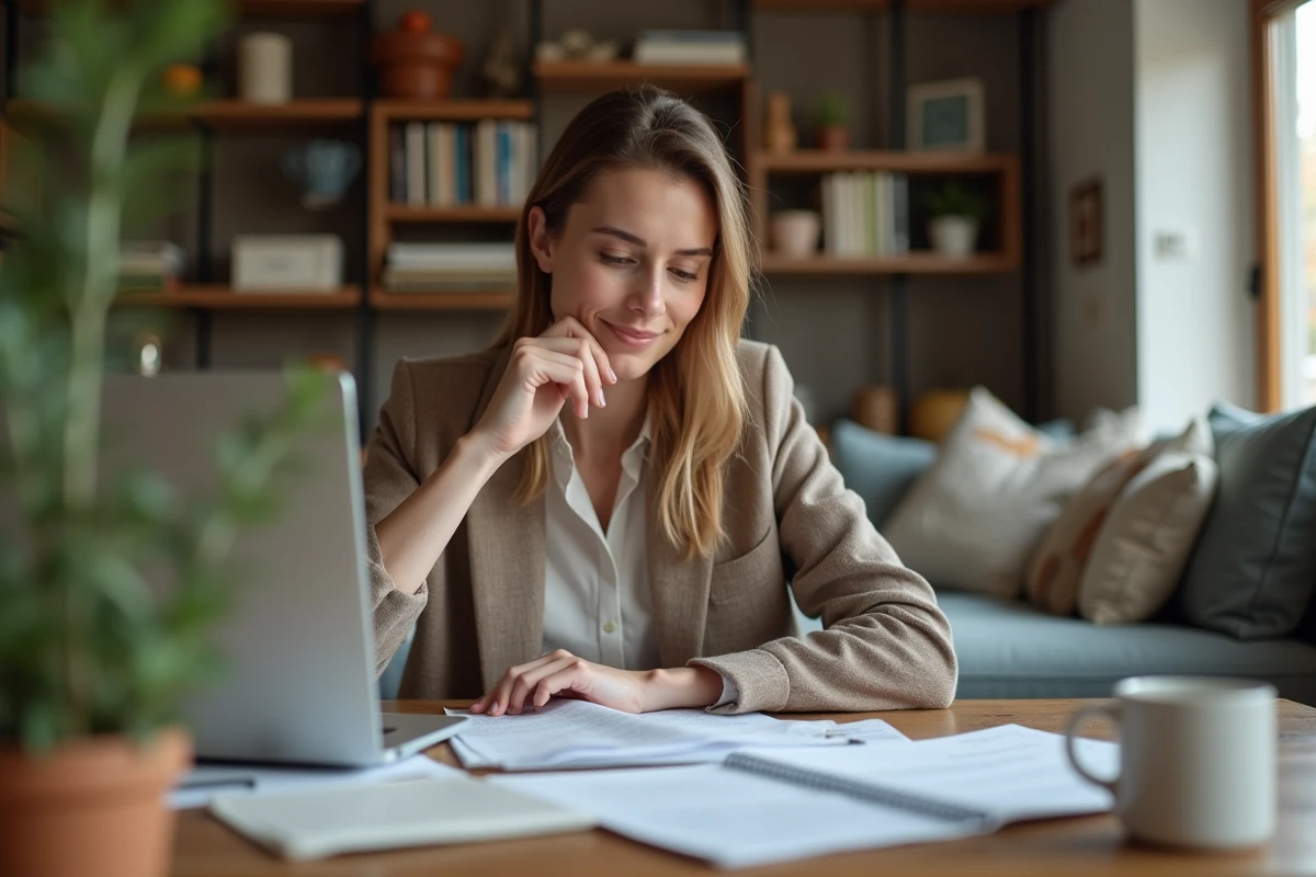 Femme d'affaires examine des documents financiers à la maison