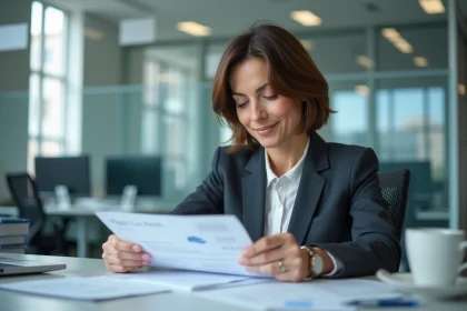 Femme française examinant une fiche de paie dans un bureau moderne