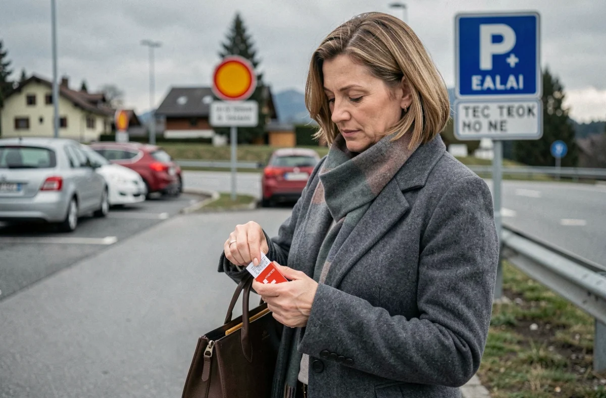 Femme frontalière rangeant des cigarettes suisses dans son sac près d'un poste frontière avec un reçu en main