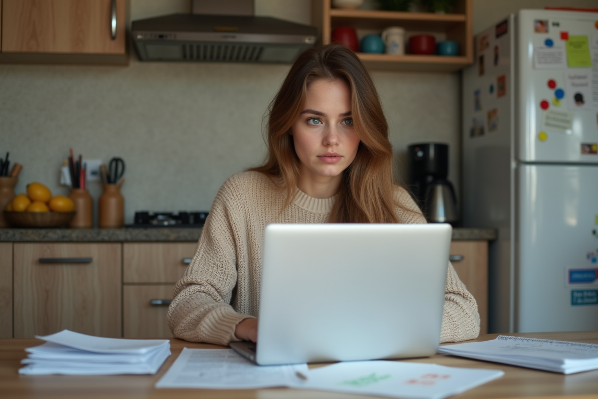 Jeune femme avec ordinateur et factures à la maison