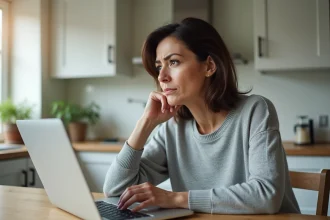 Femme inquiète consultant son application bancaire sur un ordinateur portable, virement en attente de 747 euros affiché à l'écran