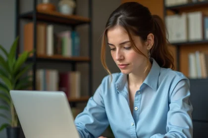 Femme concentrée remplissant un formulaire d'inscription en ligne sur un ordinateur portable, évitant les erreurs courantes