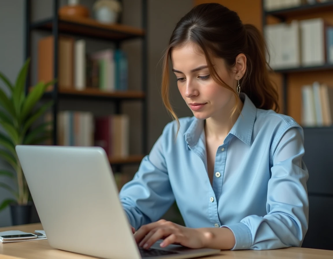 Femme concentrée remplissant un formulaire d'inscription en ligne sur un ordinateur portable, évitant les erreurs courantes