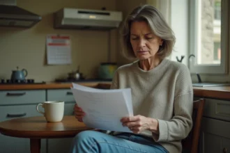 Femme d'une quarantaine lisant des documents dans sa cuisine