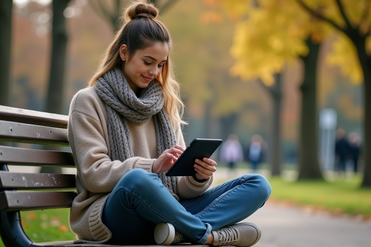 Femme lisant analyse crypto sur tablette dans un parc