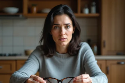 Femme tenant une paire de lunettes cassées à la maison, illustrant la nécessité d'une assurance perte et casse lunettes