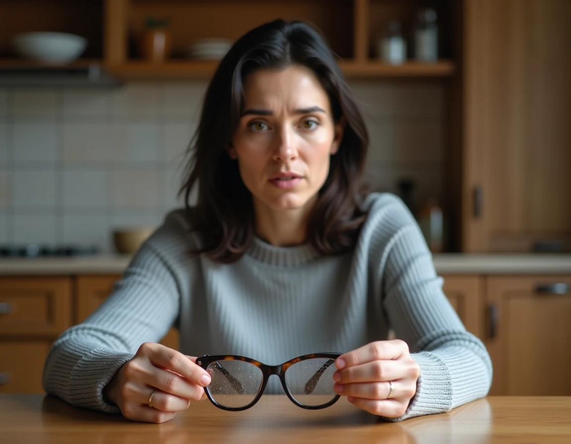 Femme tenant une paire de lunettes cassées à la maison, illustrant la nécessité d'une assurance perte et casse lunettes