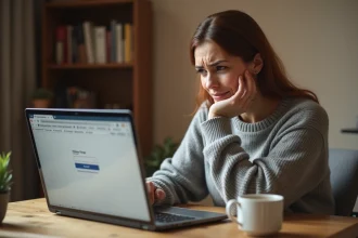 Femme frustrée devant son ordinateur portable essayant de récupérer son mot de passe oublié sur un site web