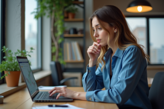 Femme concentrée sur son ordinateur en home office