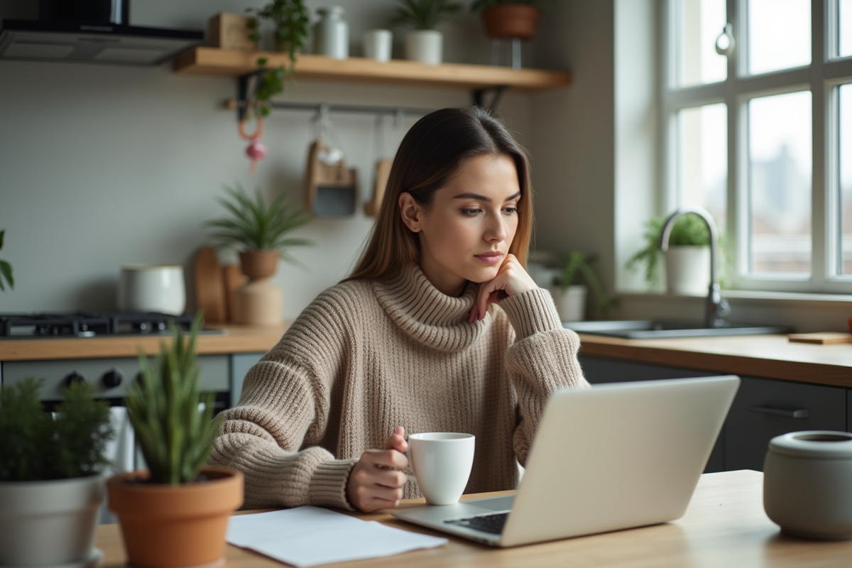 Jeune femme vérifiant les horaires de bourse sur son ordinateur dans la cuisine