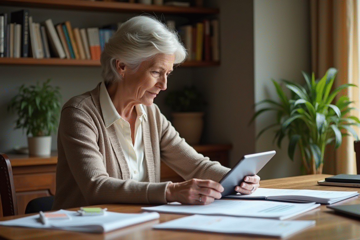 Femme d'environ 60 ans organise ses finances à la maison