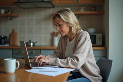 Femme d'une quarantaine payant ses factures en ligne