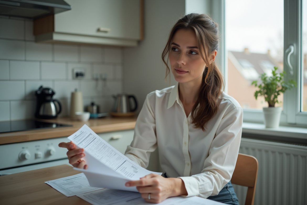 Femme d affaires vérifiant ses factures et fiche de paie