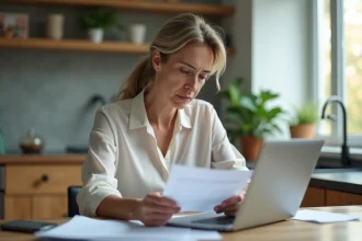 Femme d'une quarantaine examinant ses papiers à la maison