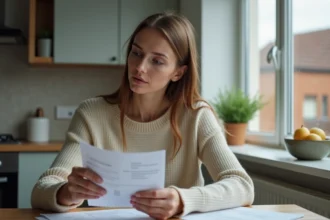 Femme en cuisine triant des papiers pour des finances