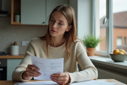 Femme en cuisine triant des papiers pour des finances