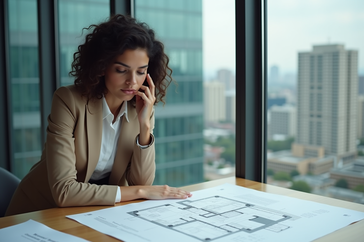 Jeune femme professionnelle analysant un plan architectural au bureau
