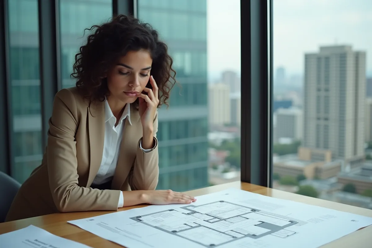 Jeune femme professionnelle analysant un plan architectural au bureau