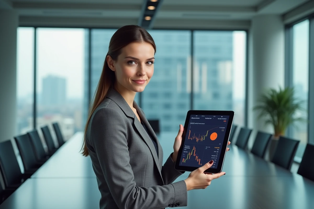 Jeune femme en costume présentant un graphique financier