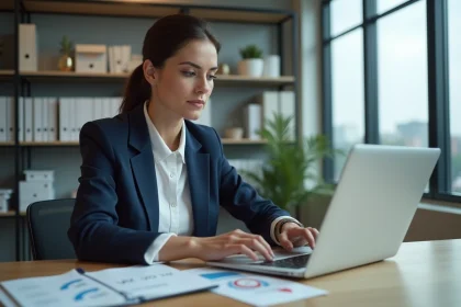 Femme professionnelle en bureau moderne avec ordinateur et calculs VAT