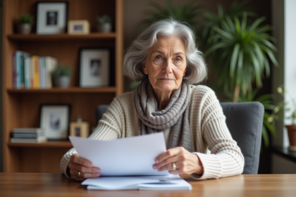 Femme retraitée tenant des documents de retraite dans un cadre cosy