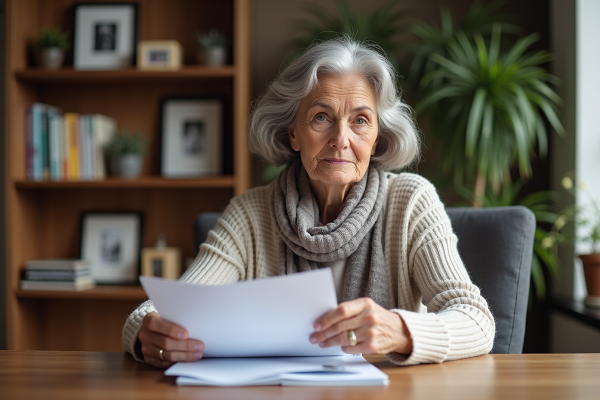 Femme retraitée tenant des documents de retraite dans un cadre cosy
