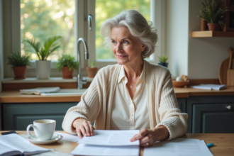 Femme française âgée examine ses papiers de pension à la maison